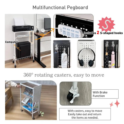 Foldable Six Tier Book Cart With Pegboard Space Saver Slim Rolling Utility Shelves Large Capacity V Shaped Shelves And Brake Wheels