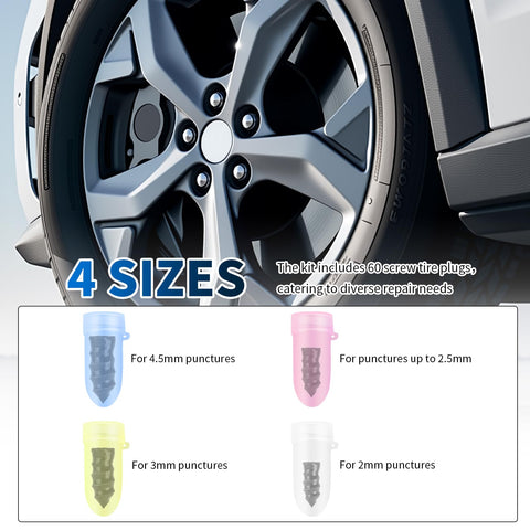Heavy Duty Tire Plug Kit With Screwdriver, 60 Pieces In Four Sizes For Quick Puncture Repair On Cars, Trucks, And SUVs diagram
