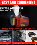 5 Ton Cordless Electric Car Jack Kit with 21V Battery and LED lights showing power options for connection