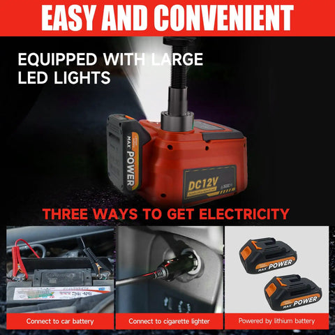 5 Ton Cordless Electric Car Jack Kit with 21V Battery and LED lights showing power options for connection