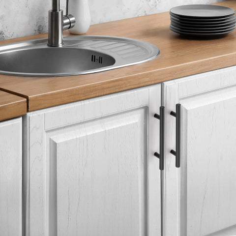 Kitchen with modern cabinets featuring 3 Pack Black Stainless Steel T Bar Cabinet Pulls For Dresser Drawers With Four Inch Hole Center And Six Inch Length Matte Black Kitchen Cabinet Hardware Durable Modern Handles installed.