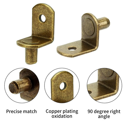 Premium L Shaped Cabinet Shelf Clips With 6mm Holes 40 Pack Bronze Metal Support Pegs, showing detailed 90-degree angle and finish.