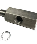 Stainless steel oil pressure sensor tee adapter with 1/4 NPT female to 1/8 NPT side port, includes washer
