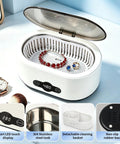 Heavy Duty Portable Ultrasonic Jewelry And Eyeglasses Cleaner Featuring A Slick Stainless Steel Tank For Legit Deep Sonic Washing And Quick Shine Restoration Without Any Fuss At Home with red bracelet and silver rings.