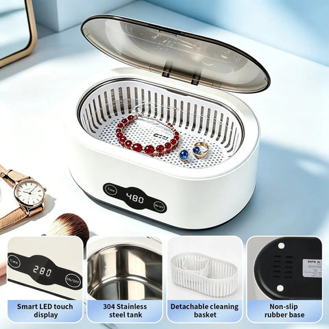 Heavy Duty Portable Ultrasonic Jewelry And Eyeglasses Cleaner Featuring A Slick Stainless Steel Tank For Legit Deep Sonic Washing And Quick Shine Restoration Without Any Fuss At Home with red bracelet and silver rings.