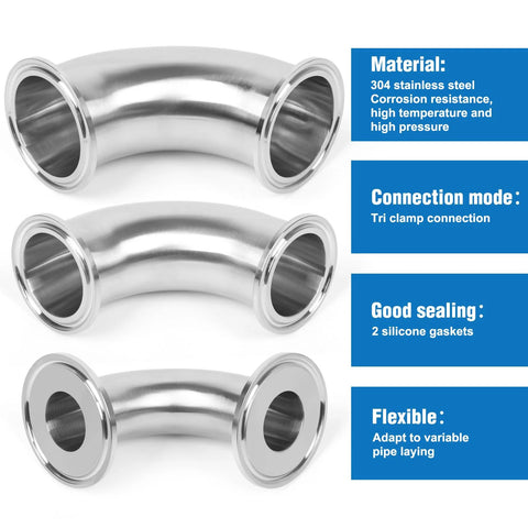 Three JMCOLMT 2-inch tri-clamp 90-degree elbows, stainless steel 304, 50.5 mm pipe OD