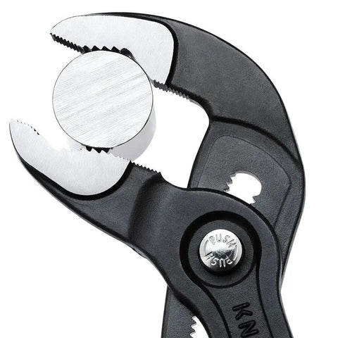 Cobra Water Pump Pliers 125 mm Adjustable Self Locking With Hardened Teeth At 61 HRC Push Button Quick Adjustment For Pipes And Nuts Four Point Nine Two Inch Capacity gripping metal