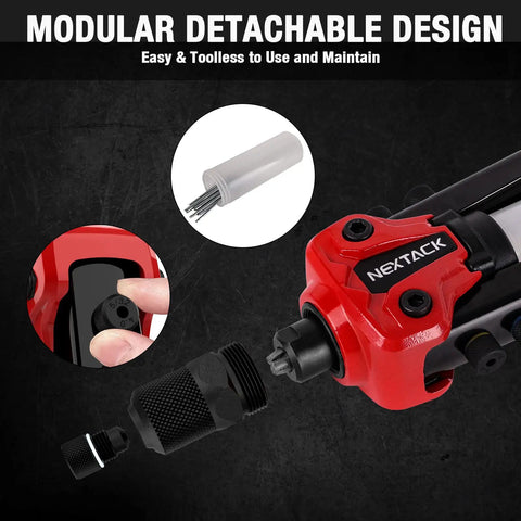 Heavy Duty Two Handed One Quarter Inch Pop Rivet Gun Kit With 350 Aluminum Rivets Five Nosepieces Built In Shaft Catcher NT300 Set
