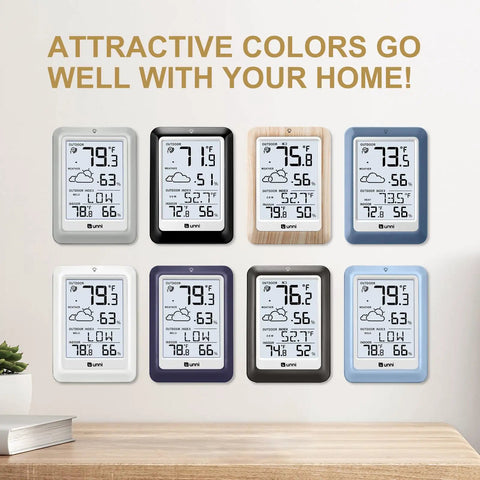 Variety of Dope Wireless Indoor Outdoor Thermometer Weather Station With Remote Sensor Temperature Humidity Monitors in different colors.
