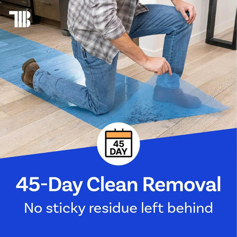 Person applying Blue Floor Protection Film 36 Inch by 500 Foot Roll Self Adhesive Pro Grade Heavy Duty Shield for Moving