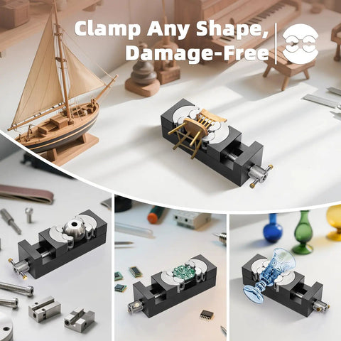 Precision Mini Drill Press Vise Featuring Self Adjusting Fractal Grips and Rock Solid Power for Irregular Pieces, showcasing various clamped shapes.