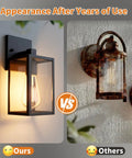All Season Black Wall Sconces Built Tough To Beat The Elements With Heavy Duty Aluminum And Rainproof Glass E26 Socket Waterproof Exterior Lights For Porches Driveways And Garages Two Pack Set comparison of new and weathered designs.