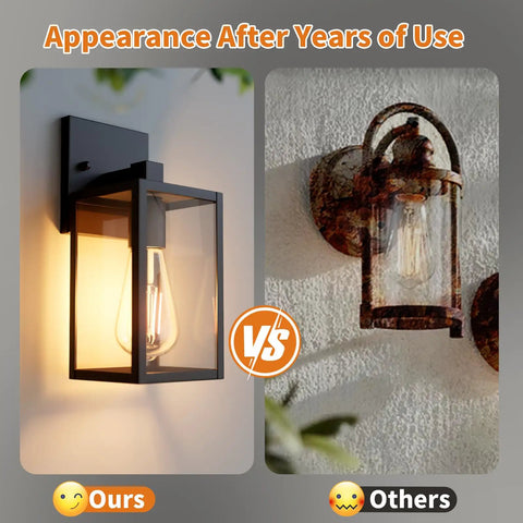 All Season Black Wall Sconces Built Tough To Beat The Elements With Heavy Duty Aluminum And Rainproof Glass E26 Socket Waterproof Exterior Lights For Porches Driveways And Garages Two Pack Set comparison of new and weathered designs.