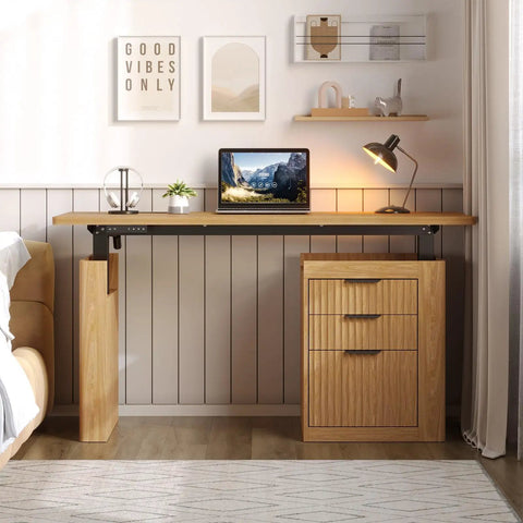 Modern Electric Standing Desk With Hella Spacious Storage And Integrated File Cabinet Featuring Slick Motorized Height Adjustment In Rich Oak Brown, featuring laptop, lamp, and drawers.