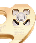 Close-up of Tough As Nails Zipline Pulley Tandem Dual Trolley With 30KN Breaking Strength showing aluminum housing and markings