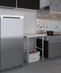 24 Inch By 30 Inch Heavy Duty Stainless Steel Work Table With Open Base For Commercial Kitchens And Garage Workshops in a modern kitchen setting.