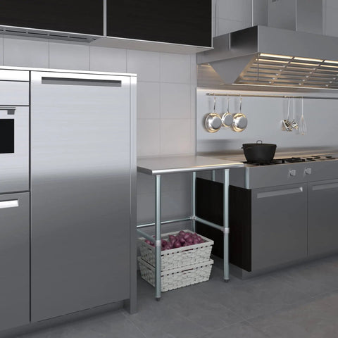 24 Inch By 30 Inch Heavy Duty Stainless Steel Work Table With Open Base For Commercial Kitchens And Garage Workshops in a modern kitchen setting.