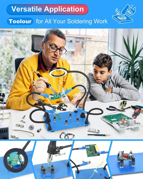 Man using Magnetic Third Hand Soldering Station With 3X To 6X Magnifying Glass, LED Lighting, Adjustable Alligator Clips, Heavy Duty Base.