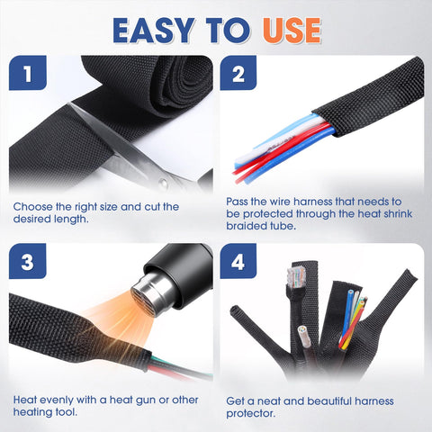 Easy to use steps for Tough As Nails Braided Heat Shrink Wiring Loom Sleeve For High Temp Protection, cutting, inserting, heating, finishing.