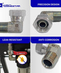 Cosmostar 1/2 in NPTF male x 1/2 in NPSM pipe swivel elbow hydraulic adapter, 90°, metal fittings; front and side views