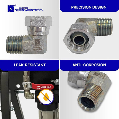Cosmostar 1/2 in NPTF male x 1/2 in NPSM pipe swivel elbow hydraulic adapter, 90°, metal fittings; front and side views