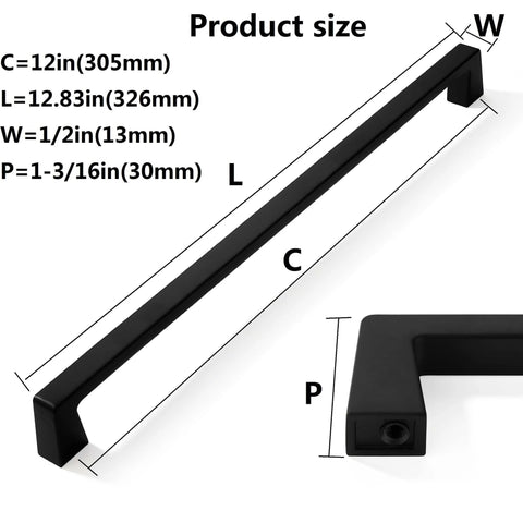 Solid Matte Black 12 Inch Cabinet Handles Set Of 2 For Kitchen Cabinets Drawers And Vanity Doors Heavy Duty Zinc Alloy Hardware With Modern Look And Easy Install, showing front view and dimensions.