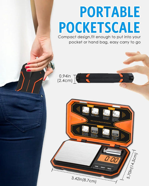 Person placing pocket digital scale with high precision 500g capacity and 0.01g increments LCD display in back pocket.