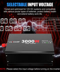 Built Tough 3000 Watt Power Inverter Converts 12V Dc To 110V Ac With 6000 Peak Surge, showing selectable voltage options.