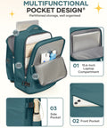 A-peacock blue airline approved travel backpack open showing multiple pockets and compartments for 15.6-inch laptop, bottles, and phone.