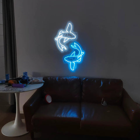 Koi Fish Neon Sign Ice Blue And White LED Light Art, 14 Inch Acrylic Flex Neon, wall display in living room over sofa