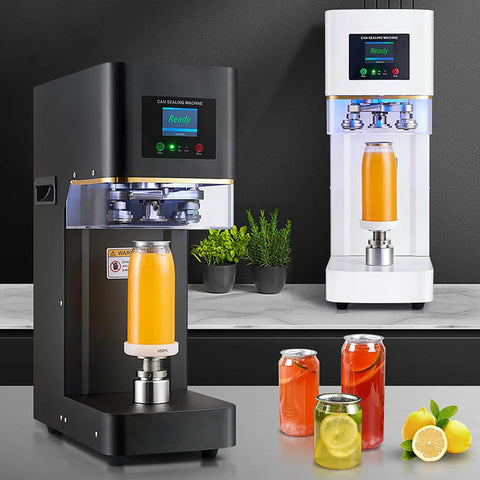 Commercial Grade Vacuum Cup Sealer With LCD Counter And Adjustable Heat Dial, black and white units sealing drinks on a countertop.