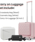 All In One 3 Piece Luggage Set With 16 Inch Front Opening Carry On, Expandable PC Hardshell Suitcase, 14 Inch Cosmetic Case And Crossbody Handbag in pink, white, and black displayed.