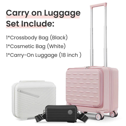 All In One 3 Piece Luggage Set With 16 Inch Front Opening Carry On, Expandable PC Hardshell Suitcase, 14 Inch Cosmetic Case And Crossbody Handbag in pink, white, and black displayed.