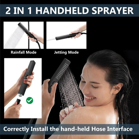2 in 1 handheld sprayer with rainfall and jetting modes from Shower Faucet Set Ceiling Mount System With Dope Dual 12 Inch And 6 Inch Shower Heads 2 In 1 Handheld Spray Push Button Diverter Rough In Valve Matte Black All Metal Finish Designed For Rustproof Longevity