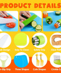 Doiaz Kidz Safe Knife Set for Toddlers with green-handled blades on a blue cutting board and crinkle cutter