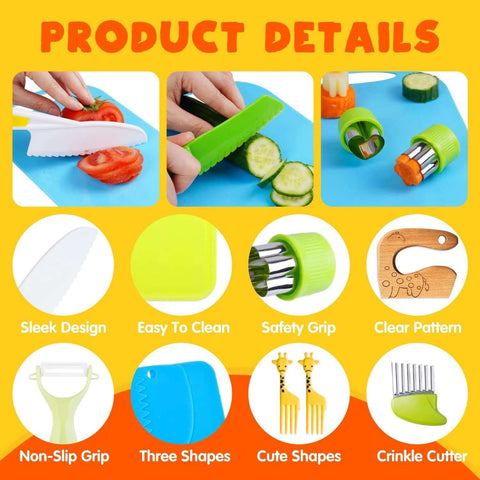 Doiaz Kidz Safe Knife Set for Toddlers with green-handled blades on a blue cutting board and crinkle cutter