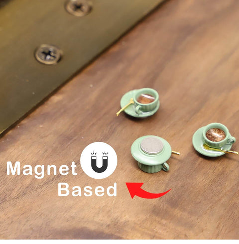Whimsical Tiny Magnetic Tea Cup Decor Set For Doors Three Teacups Saucers And Gold Spoons Green Magnetic Hinge Head Mini Figurines