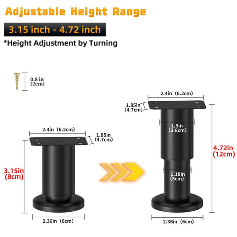 Diagram showing Eight Pack Beefy Metal Adjustable Furniture Legs 3.15 To 4.72 Inches, with height adjustment and dimensions.