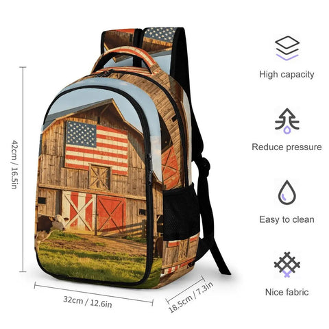 Pasture Farm Print Backpack for Everyone, unisex large capacity daypack with rural American barn design, size 12.6 x 7.3 x 16.5 in.