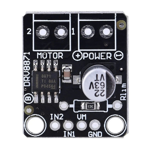 Close-up of 3.6A DC PWM Motor Driver Module with H Bridge for small machines, featuring dual guard pin headers and 4-wire motor interface.