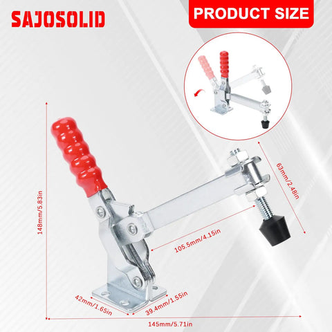Heavy Duty 2 Pack Vertical Toggle Clamps Lock Down Jobs In Seconds With A Comfort Grip Non Slip Lever And Fast Actuation, detailed size view.