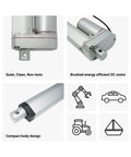 12V Mini Linear Electric Actuator with 1 Inch Stroke and 50 Lbs Force, ultra compact, shown in multiple views highlighting features.