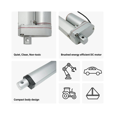 12V Mini Linear Electric Actuator with 1 Inch Stroke and 50 Lbs Force, ultra compact, shown in multiple views highlighting features.