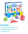 Foldable 3D Geometry Shapes Set for Classrooms, Hands On Geometry Manipulatives with 12 clear solids and 12 foldable nets