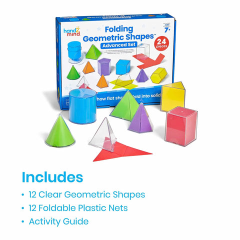 Foldable 3D Geometry Shapes Set for Classrooms, Hands On Geometry Manipulatives with 12 clear solids and 12 foldable nets