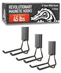 6 Inch Magnetic Hooks with Open Design Holds Up To 45 Lbs On Steel Surfaces Easy Release Patented Non Slip Grip Great For Garage Workshop Home Organization 3 Pack in packaging with hooks displayed.