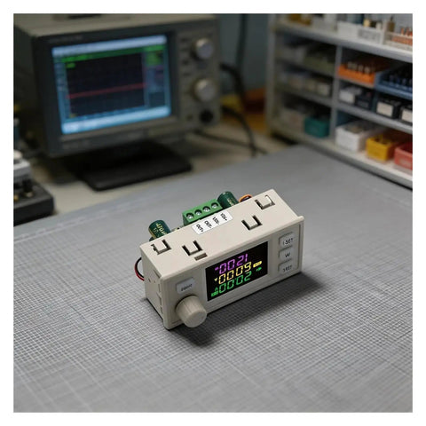 CNC DC Step Up Step Down Converter With Color Screen Adjustable Voltage And Current Regulator Power Supply on lab table