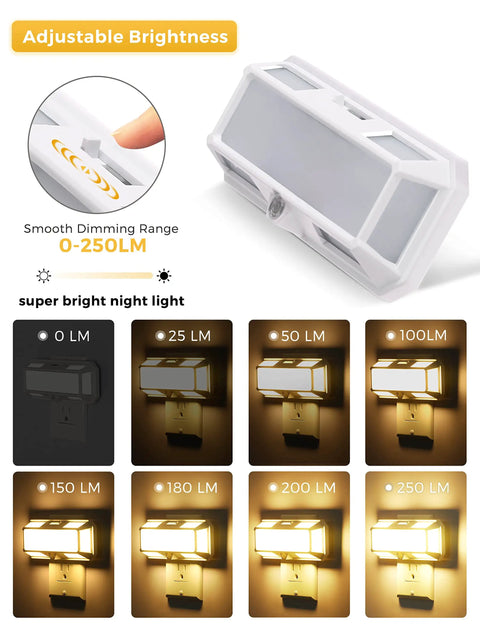 Bright LED Night Light With Dusk To Dawn Sensor For A No Brainer Plug In Wall Night Light Dimmable 0 To 250LM brightness settings