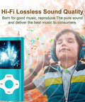 Compact MP3 Player With 32GB Memory Card, FM Radio, Voice Recorder, blue design beside a child enjoying music with headphones