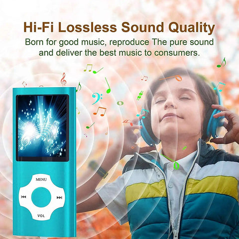 Compact MP3 Player With 32GB Memory Card, FM Radio, Voice Recorder, blue design beside a child enjoying music with headphones